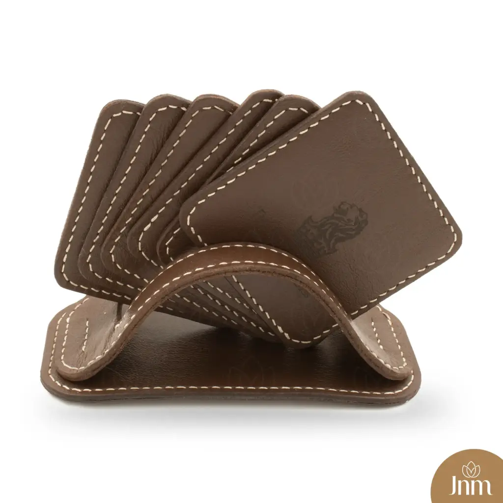 Brown Leather Coaster Set of 6 + Base
